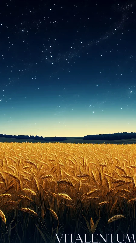 Dense wheat field under gradient twilight sky with high-contrast stars