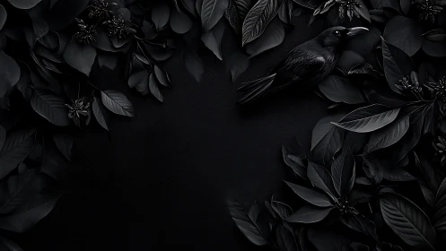 Monochrome black bird and foliage on dark textured surface.