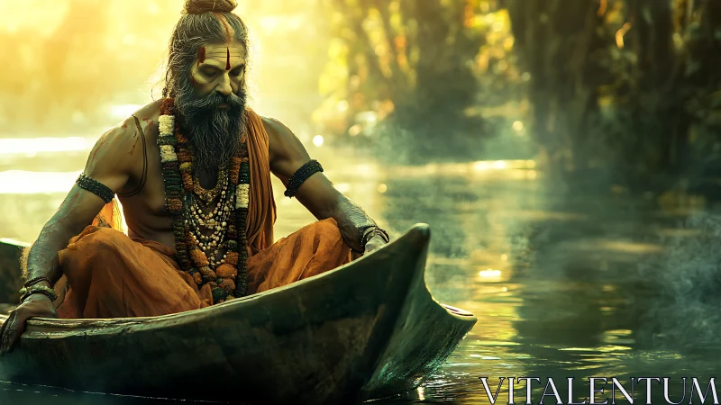 Ascetic figure seated in narrow wooden boat on misty river.