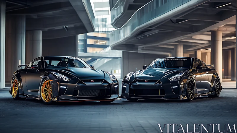 Sleek twin sports cars glowing under an urban overpass.