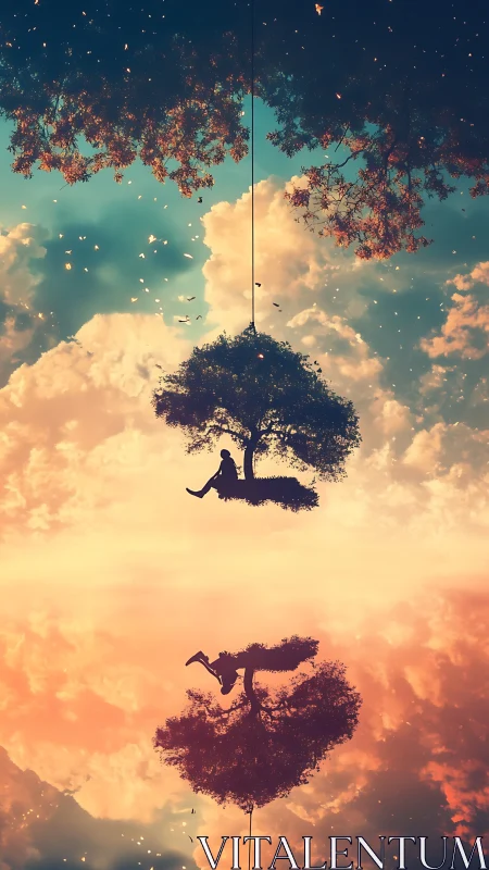 Surreal sky tree swing with mirrored sunset reflection.