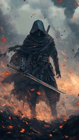 Hooded swordmaster strides through burning battlefield inferno.