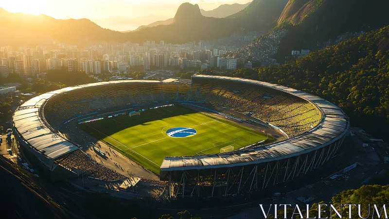 Sunlit urban stadium bowl in panoramic photographic perspective.