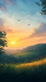 Golden valley sunset bathes rolling hills in tranquil light.