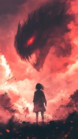 Silhouetted figure confronts colossal red spectral dragon
