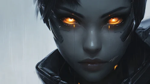 Cybernetic gaze of neon-eyed android under cold rain.