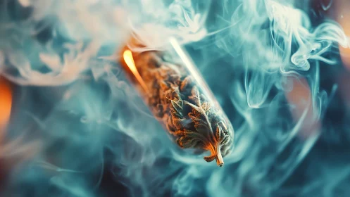 Ignited cannabis bud in macro close-up with dynamic swirling smoke