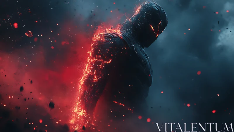 Molten armored warrior emerges from burning storm clouds.