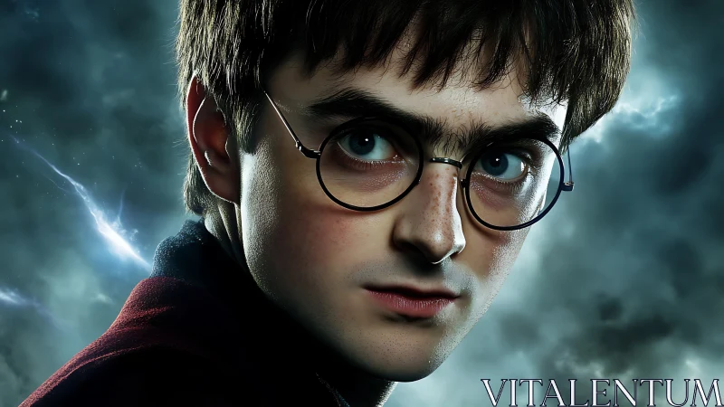 Storm-lit young wizard portrait in dramatic close-up.