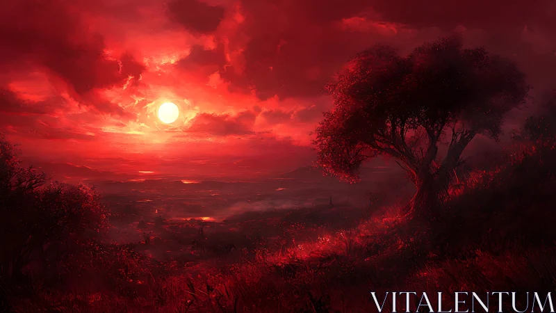 Crimson sun ignites a dreamlike valley beneath shadowed tree.