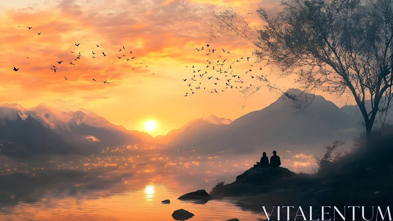 Sunset serenity shared by two friends beside quiet waters.