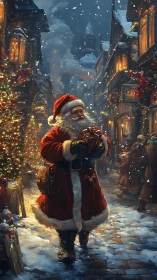 Santa strolls through a glowing old-town Christmas market.