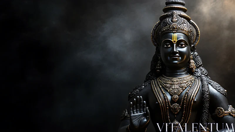 High-contrast metallic deity statue under directional rim lighting