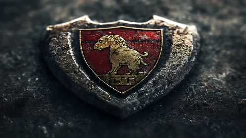 Weathered metal crest with lion emblem on red enamel field.