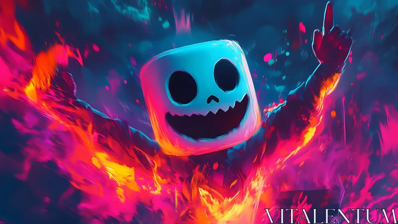 Neon-lit marshmallow-headed figure emerging from stylized flames