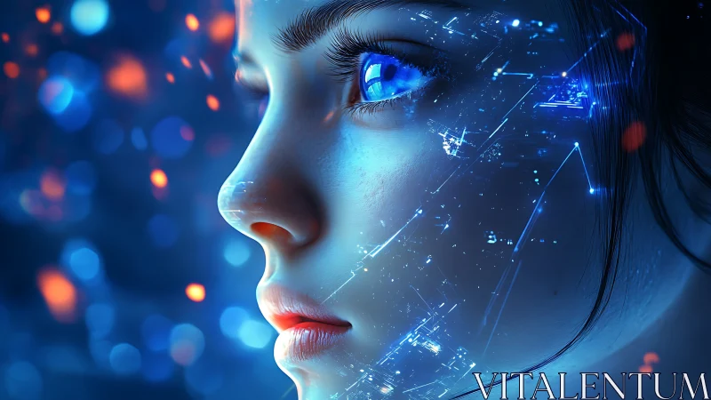 Neon-lit cybernetic portrait of blue-eyed digital woman.