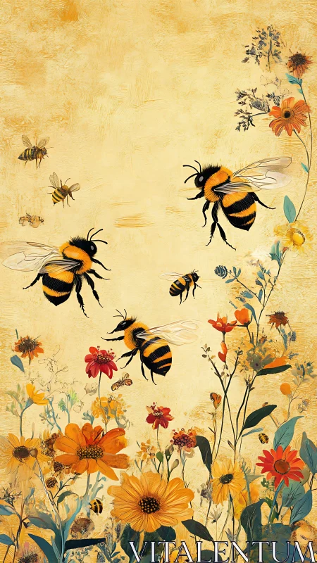 Busy garden bees drift gently above glowing wildflowers