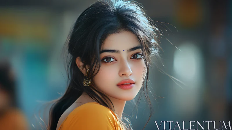 Photorealistic portrait of woman with shallow depth-of-field bokeh.