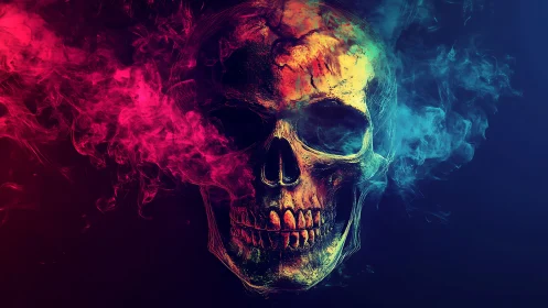 Vibrant neon skull glows amid swirling red and blue smoke