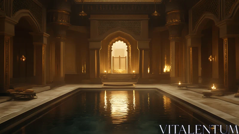 Interior view of ornate indoor pool in arched hall.
