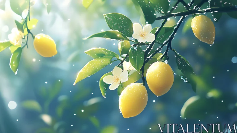 Backlit lemon branch renders with dew, bokeh and soft bloom lighting