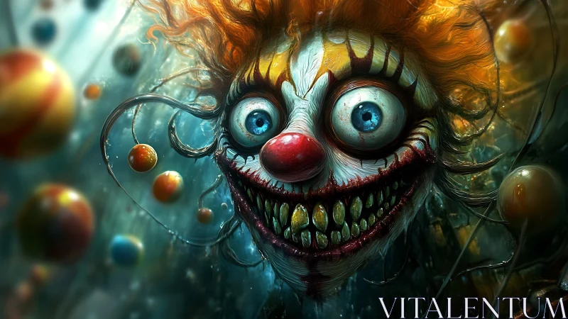 Laughing abyss clown with feral grin and carnival orbs.