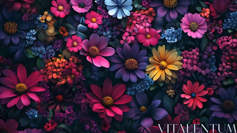 Chromatic Floral Arrangement: Volumetric 3D Flower Composition with Layered Depth.