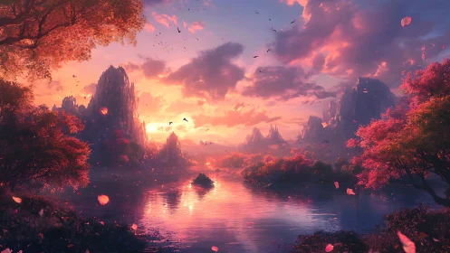 Dreamy sunset valley wrapped in glowing pink waters and trees.