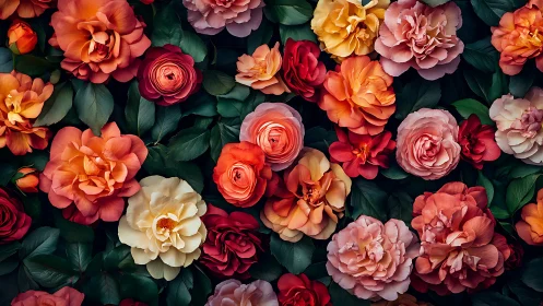 Stratified Rose Composition with Warm Chroma Palette and Verdant Foliage.