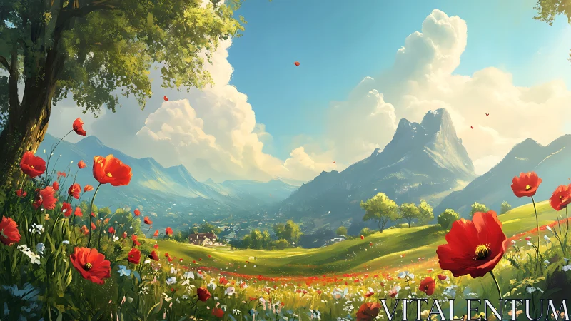 Mountain valley landscape with poppy meadow under clouds.