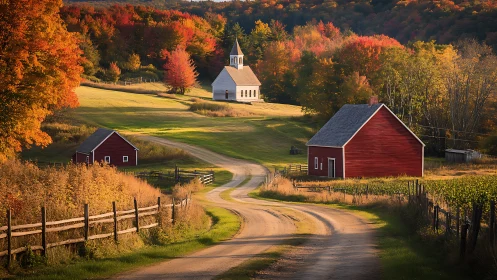 Photorealistic rural churchscape with curving country road.