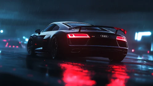 Neon rainstorm turns sleek supercar into a blazing street phantom