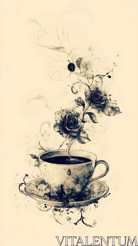 Coffee cup with floral steam and roses illustration.