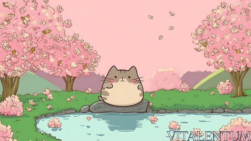 Chubby cartoon cat rests by pastel cherry blossom pond.