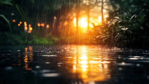 Specular rainfall over sunset pond with depth-of-field glow.