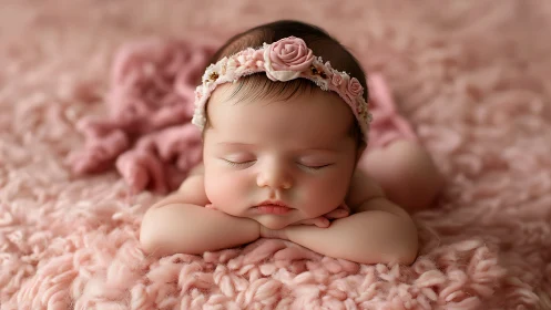 Sleeping newborn girl with pink floral headband on textured fabric.