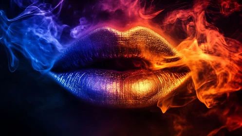 Luminous lips drift between cool blue smoke and vivid fire