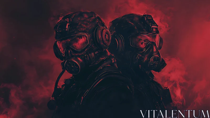 Two tactical soldiers in gas masks stand back to back.