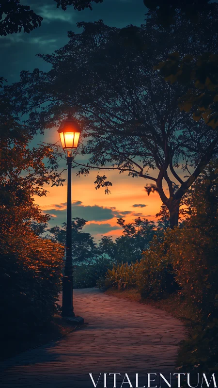 Lamp-lit garden path at dusk under silhouetted trees.