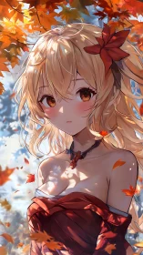 Portrait depicts blonde figure under autumn foliage in daylight