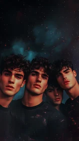 Four stylized young men against dark smoky background.