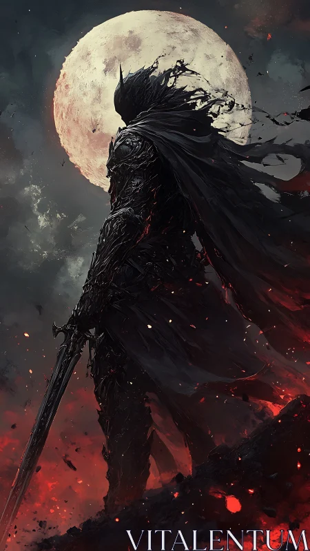 Moonlit ash knight stalking the burning horizon of night.