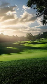 Sunlit golf fairway microtopography under dynamic cloudfield.