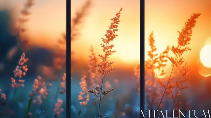 Soft grasses against vivid orange sunset triptych scene.