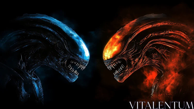 Dual alien beasts clash in blazing blue and fiery red light.