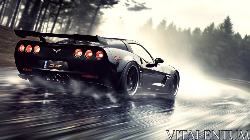 Sleek black sports car powers through a rainy forest highway