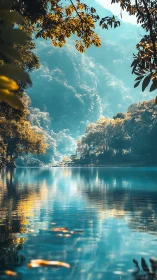 Sunlit forest lake mirrors misty turquoise mountainscape.
