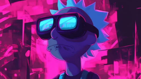 Neon-lit cartoon figure with VR goggles in magenta glow.