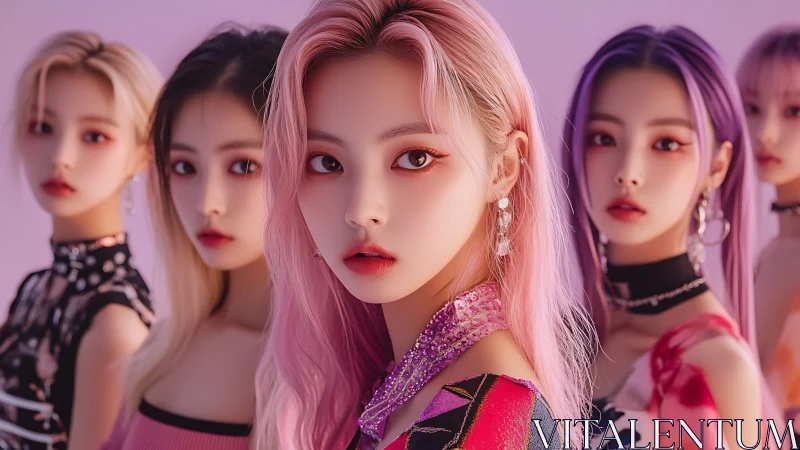 Five stylized female figures pose against uniform pink backdrop