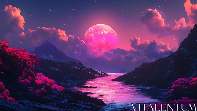 Pink moon over reflective river between dark hills at dusk.